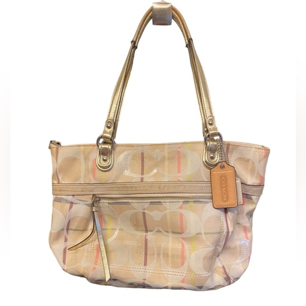 COACH handbag shoulder purse two straps champagne beige multi color logo print